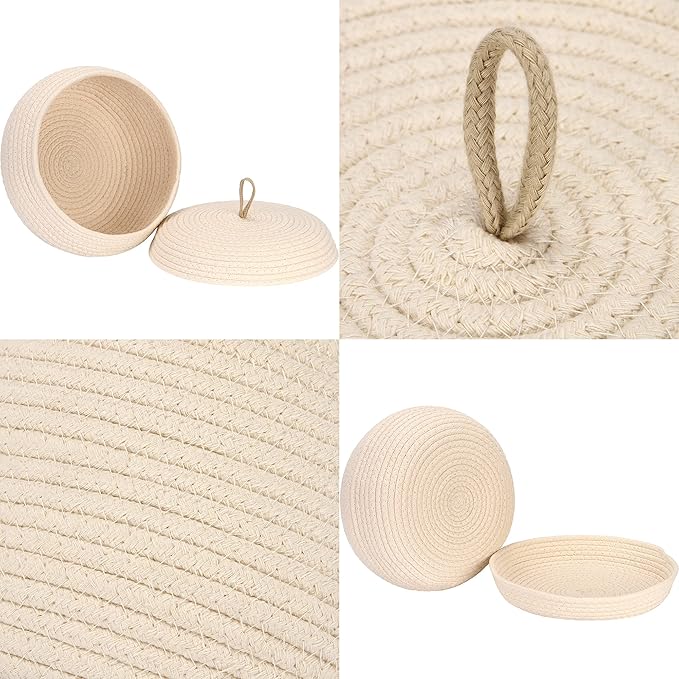 Sea Team Round Cotton Rope Storage Basket with Lid, Decorative Woven Storage Bin, Pot, Caddy, Organizer, Container for Snacks, Towels, Plants, 13 x 5.5 Inches (Large, Shallow, Cream)