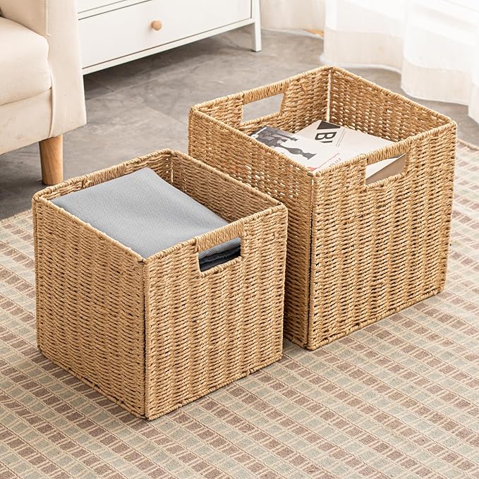 Foldable Storage Baskets with Handles Paper Rope Storage Baskets Rectangle Collapsible Hand Woven Storage Cubes Bins for Organizing Shelves Living Room Bedroom Pantry (4, 11'' x 11'' x 11'')