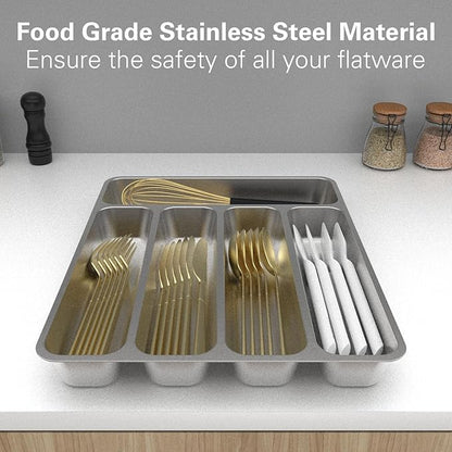 Zarler Stainless Steel Silverware Organizer, Durable Metal Utensil Drawer Organizer with 5 Compartments, Silverware Tray for Drawer, Dishwasher Safe, 13.8" x 11.4" x 1.6", Silver