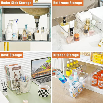 Freebat 12 Pack Large Clear Plastic Storage Bins,Plastic Containers with Handle for Pantry Organizer and Storage,Perfect for Kitchen,Fridge,Cabinet, Closet,Bathroom Under Sink Storage