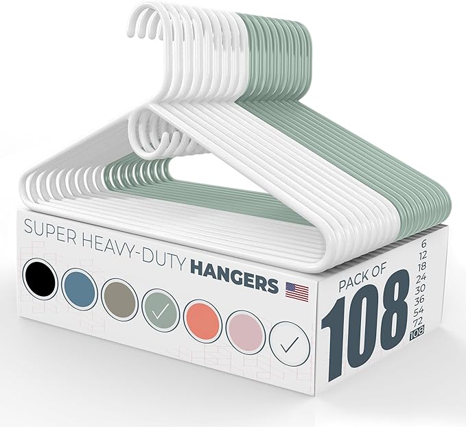 Super Heavy Duty Clothes Hangers 100 Pack (108 Count) – Made in the USA - 10lb Capacity, Thick Plastic Hangers for Pants, Coats, Jackets, Jeans and Adult Clothing – White & Mint