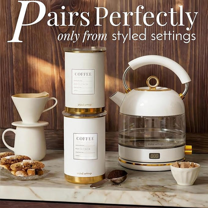 STYLED SETTINGS Vacuum Coffee Container Set – 2 Piece Coffee Jars with Lids for Beans or Grounds, White and Gold Stainless Steel Storage Canisters, Scoop & Labels Included – Coffee Gift Set