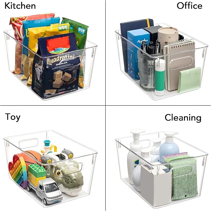 Tiawudi Set of 10 Clear Plastic Storage Bins, 4 Large and 6 Small Stackable Storage Containers for Pantry Organization, Organizer Bins for Home, Kitchen, Bathroom, Office, Cabinet Shelf Organizers