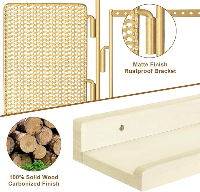 SOLIMINTR Hanging Jewelry Organizer Wall Mount with Rustic Wood Shelf, Ring Display Box, Ear Studs Earring Holder, Rotating Necklace Holder Organizer Gold