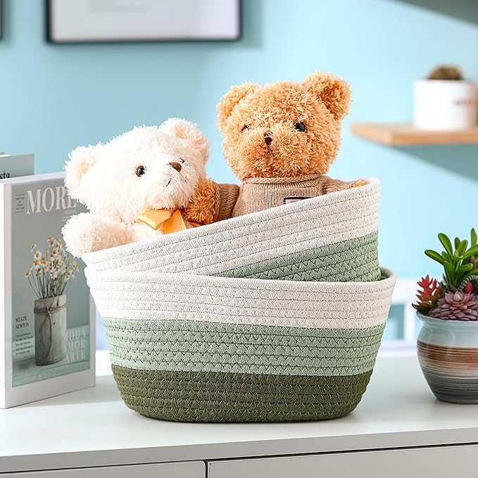 Sawysine 6 Pcs Storage Baskets Bulk for Organizing Cotton Rope Woven Basket with Handles for Gift Cloth Shelves Blanket Toys Living Room(Green and White)