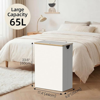 efluky Slim Laundry Basket with Lid, Narrow Laundry Hamper with Removable Bag, Skinny Dirty Clothes Basket with Bamboo Handles for Bathroom, Bedroom & Laundry Room, 65L Beige