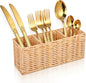 Wicker Flatware Silverware Caddy, Plastic Woven Kitchen Cutlery Organizer Storage Holder Party Condiment Utensil Carrier Basket for Countertop Table Picnic Holds Spoon Knives Fork Napkins