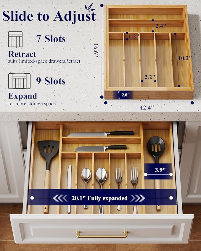 Kitsure Silverware Organizer - Expandable Bamboo Kitchen Drawer Organizer for Cooking Utensils and Cutlery, Sturdy & Thickened Kitchen Organizers and Storage Solution, XX-Large, Natural