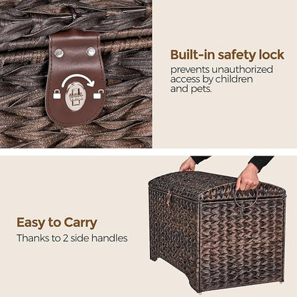 Honjourai Handwoven Storage Basket with Lid, 178L Plastic Rattan Storage Bin, Leather Buckle & Metal Frame, Large Metal Ring Handles, Storage Trunk for Bedroom, Laundry Room
