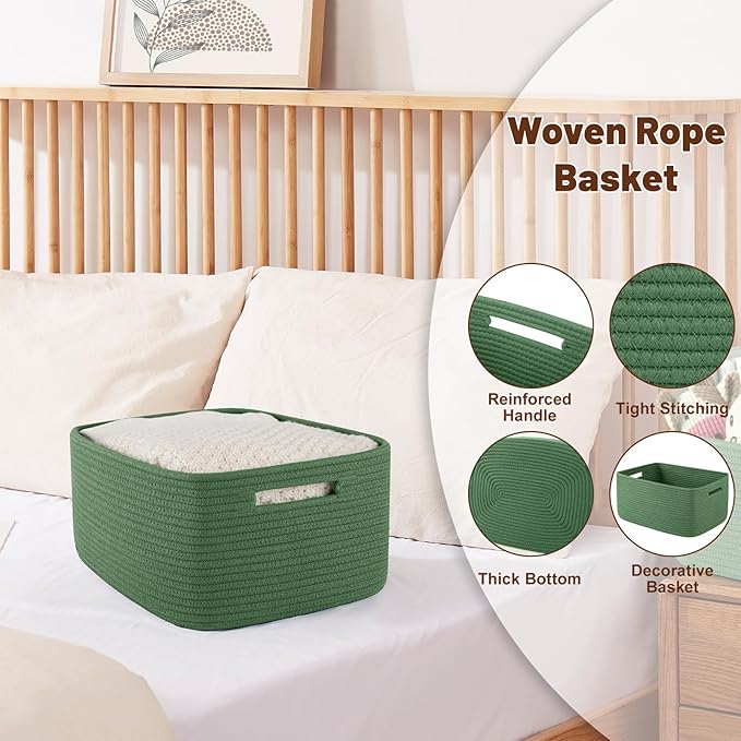 OIAHOMY Storage Basket for Shelves, Closet Cube Storage Bins Baskets for Clothes Blanket Towels, Baby Nursery, Toy Baskets Box, Woven Rope Basket, 15.75 * 11.81 * 7.09 IN, 2 Packs Olive Green