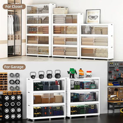 SAILUN 240Gal Extra Large Stackable Storage Bins with a Lid, Collapsible Storage Bins With Doors and Wheels, Foldable Storage Cabinet for Garage Closet Organization, White, 3Pack 39.4" W
