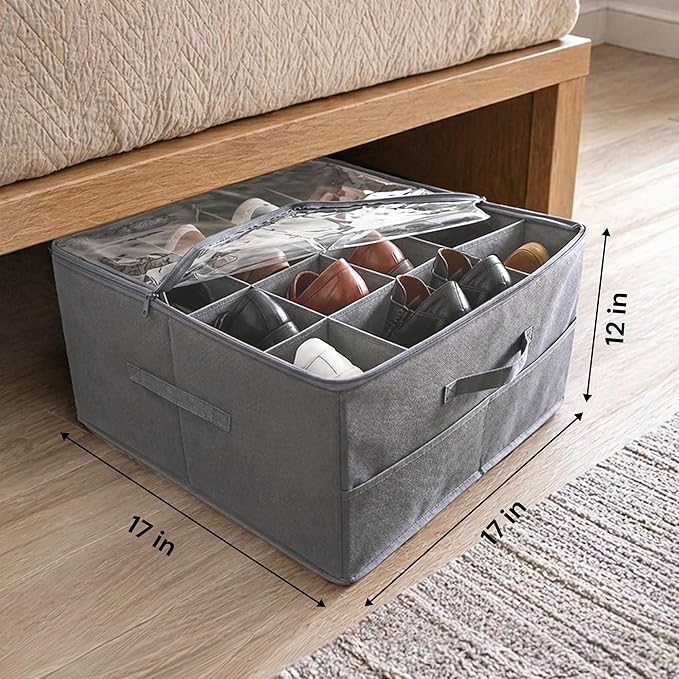 Under Bed Shoe Storage Organizer 16 Compartment, Foldable Shoe Organizer Under Bed with Clear PVC Lid, Shoe Storage Box with Zipper & Handle for Closet Bedroom, Grey, Pack of 2
