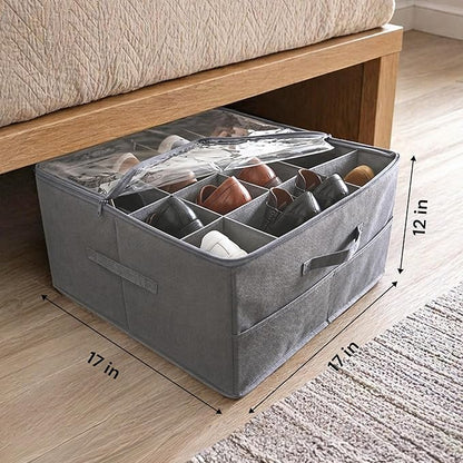 Under Bed Shoe Storage Organizer 16 Compartment, Foldable Shoe Organizer Under Bed with Clear PVC Lid, Shoe Storage Box with Zipper & Handle for Closet Bedroom, Grey, Pack of 2