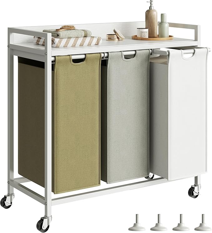 Herture Laundry Hampers with Shelf, Laundry Basket 3 Section, Laundry Sorter with Pull-Out Removable Large 3 Color Bags and Movable Wheels, Metal Frame, 3 x 15.87 Gallons (60L), White PF04XLE