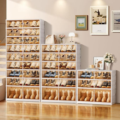 EHAMILY Foldable Shoe Rack Organizer 9-Tier, 27 Pairs Collapsible Shoe Storage Cabinet with Doors, Clear Plastic Stackable Shoe Organizer for Closet, with Boots Space, Easy Tool-Free Assembly, White