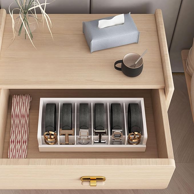 Belt Organizer for Drawer - Bamboo Belt Storage Organizer | Belt Rack for Closet Wall Mount Men Women Tie Sock Bra Scarf Ribbon(White, 6 Grids)
