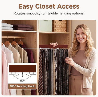 StorageWorks Tie Rack with 20 Hooks, 2-Pack Wall-Mounted Wooden Hangers for Neckties, Belts, Hats, Dark Cherry Color