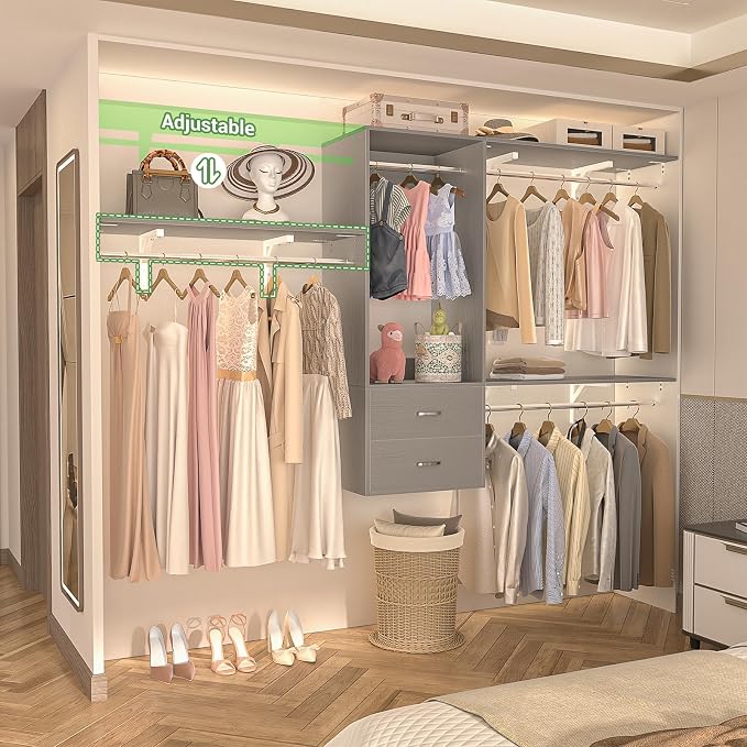 96 Hanging Closet System with 2 Wooden Drawers, 75"–87" Height Adjustable Closet Organizer System with Tower, 4-8FT Custom Closet Shelving System, Wall-Mounted Walk-In Closets Wardrobe, Grey