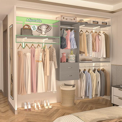 96 Hanging Closet System with 2 Wooden Drawers, 75"–87" Height Adjustable Closet Organizer System with Tower, 4-8FT Custom Closet Shelving System, Wall-Mounted Walk-In Closets Wardrobe, Grey