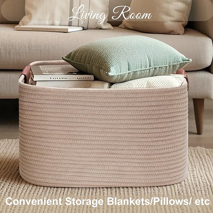 Large Cotton Rope Storage Basket with Leather Handles, Laundry Hamper Basket, 20 "L x 14" W x 12 "H, Durable & Stylish Organizer for Home.(Large Khaki)