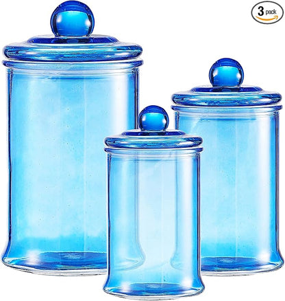 KMwares 3PCs Set Small Glass Premium Quality Apothecary Jars with lids Bathroom Accessories Set for Laundry Room Storage Kitchen/Vanity Organizer Canisters for Cotton Balls, Sponges,Q-Tips(Blue jar)