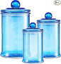 KMwares 3PCs Set Small Glass Premium Quality Apothecary Jars with lids Bathroom Accessories Set for Laundry Room Storage Kitchen/Vanity Organizer Canisters for Cotton Balls, Sponges,Q-Tips(Blue jar)