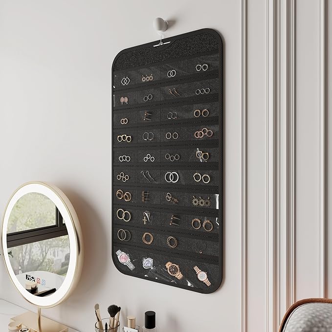 2 Pack Hanging Jewelry Organizer 80-Pocket Dual-sided Jewelry Storage for Earring Necklace Bracelet Ring Travel Holder, Black and Beige