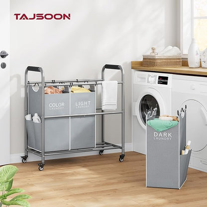 Tajsoon 3 Bag Laundry Sorter Cart, Laundry Hamper Sorter Basket with Heavy Duty Lockable Rolling Wheels for Clothes Storage, Grey & White