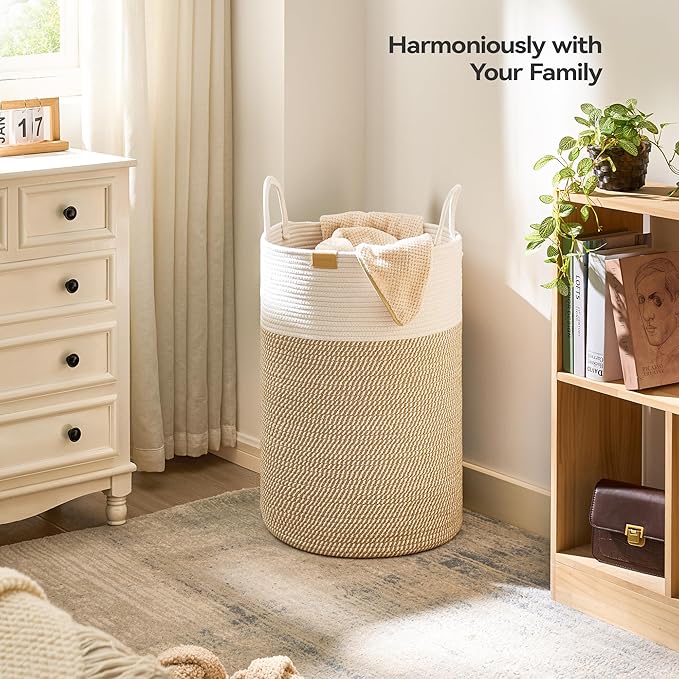 Nunsino Laundry Hamper 75L,Large Laundry Basket for Clothes,Decorative Storage Basket for Blankets,Cotton Rope Woven basket for bedroom,Brown White