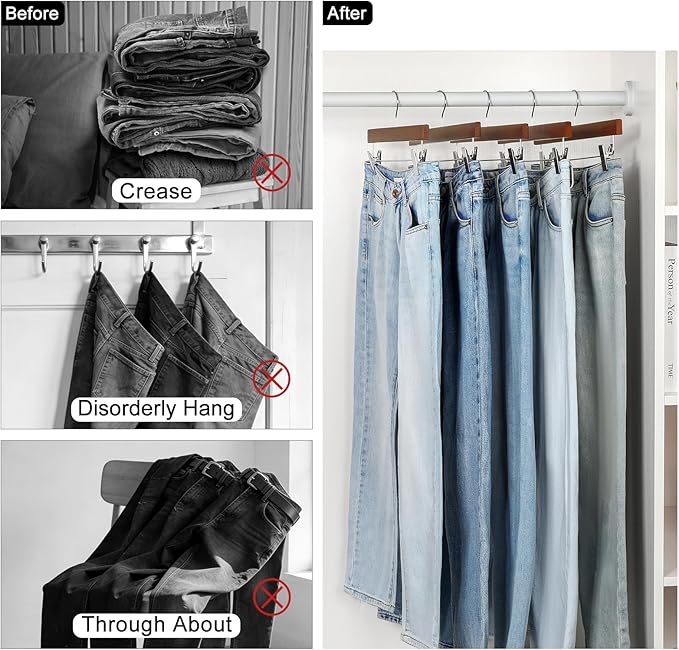 TOPIA HANGER Walnut Wood Pants Hangers, Wooden Skirt Short Jeans Trouser Hanger with Smooth Surface 360° Swivel Hook Anti Rust 2 Adjustable Clips, 20 Pack, CT10PWA20