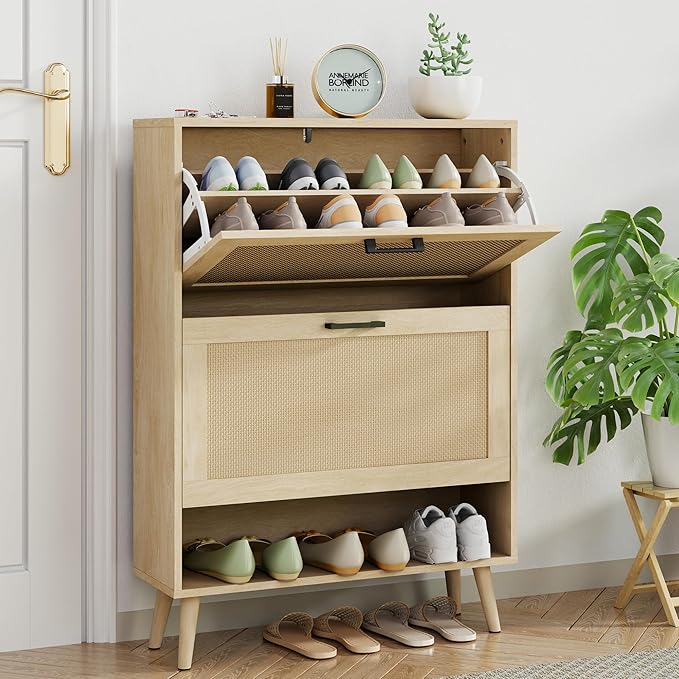 Gadroad Shoe Storage Cabinet with 2 Flip Drawers, Freestanding Shoe Organizer with Wood Legs, Farmhouse Rattan Shoe Rack for Entryway, Living Room, and Bedroom, Natural