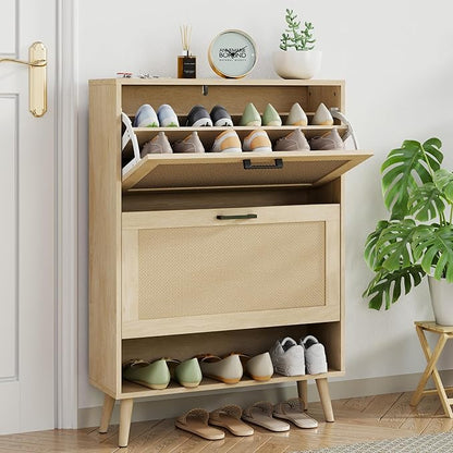 Gadroad Shoe Storage Cabinet with 2 Flip Drawers, Freestanding Shoe Organizer with Wood Legs, Farmhouse Rattan Shoe Rack for Entryway, Living Room, and Bedroom, Natural