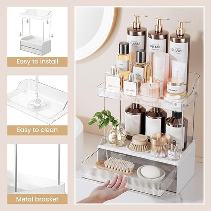Delamu Bathroom Organizers and Storage, 2 Tier 2 Drawer Makeup Organizer Countertop, Easy to Install, Ideal for Bathroom Counter, Vanity, Clear