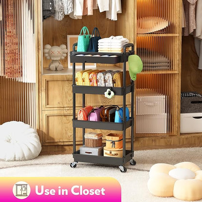 SUNALLY Makeup Cart Organizer with Drawers, 4 Tier Floor Skincare Organizers for Vanity, Rolling Makeup Bathroom Storage Cart Cosmetics Display Cases for Skin Care Perfume Nail Polish, Black