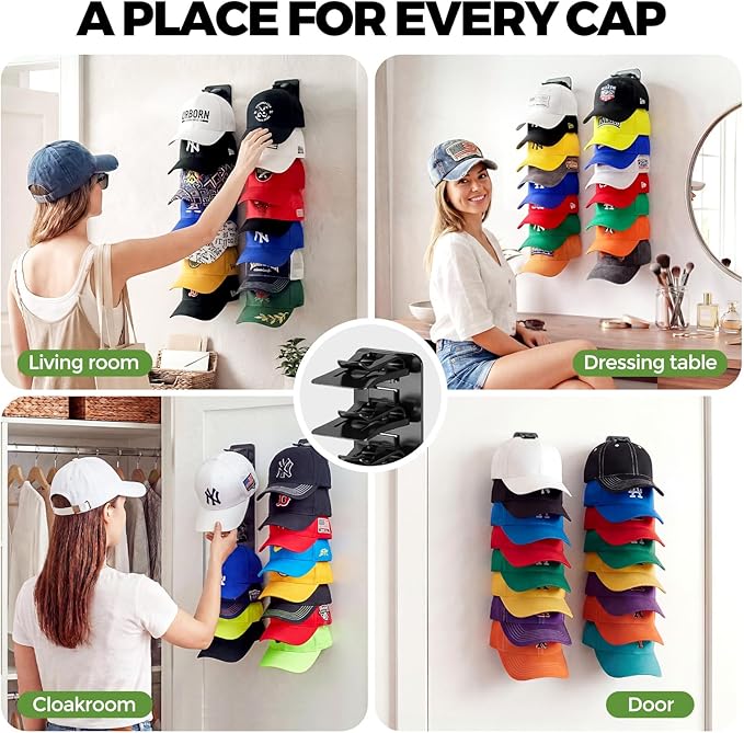 2 Pack Hat Organizer for Baseball Caps, Each Holds 18 Hats (36 Total), Customizable Wall Hat Rack, Adhesive or Screw-in Installation, Space-Saving Cap Holder for Closet & Door,Black