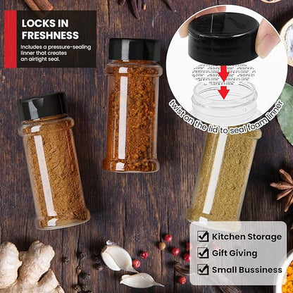 TUZAZO 14 Pcs Spice Bottles Plastic Seasoning Containers, 3 Oz Clear Plastic Spice Jars with Shaker Lids Empty for Spice & Herbs, Powders, Glitters, BPA Free | Heavy Duty | Wide Mouth | Dual Flaps