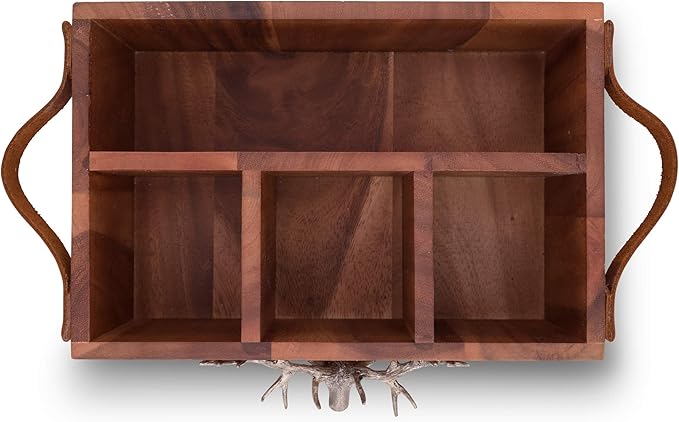 Vagabond House Caddy Rectangle Acacia Wood Flatware/Serve ware/Utensil/Carry-All Holder with Solid Pewter Rustic Elk Accent Real Leather Handles, 3 Small and 1 Larger Compartment 13 inch Long