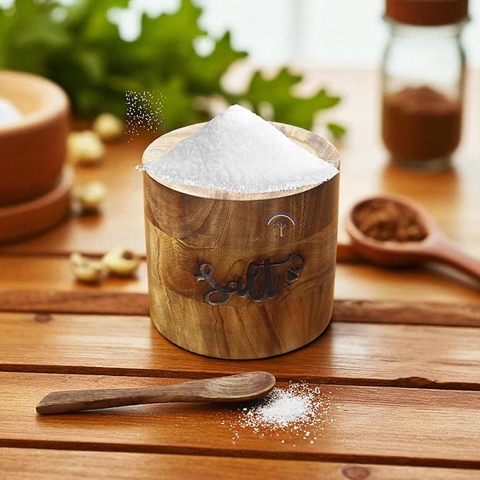 Handcrafted Wooden Salt Box with Lid & Spoon – Rustic Salt Cellar Storage Keeper for Kitchen