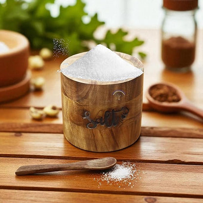 Handcrafted Wooden Salt Box with Lid & Spoon – Rustic Salt Cellar Storage Keeper for Kitchen
