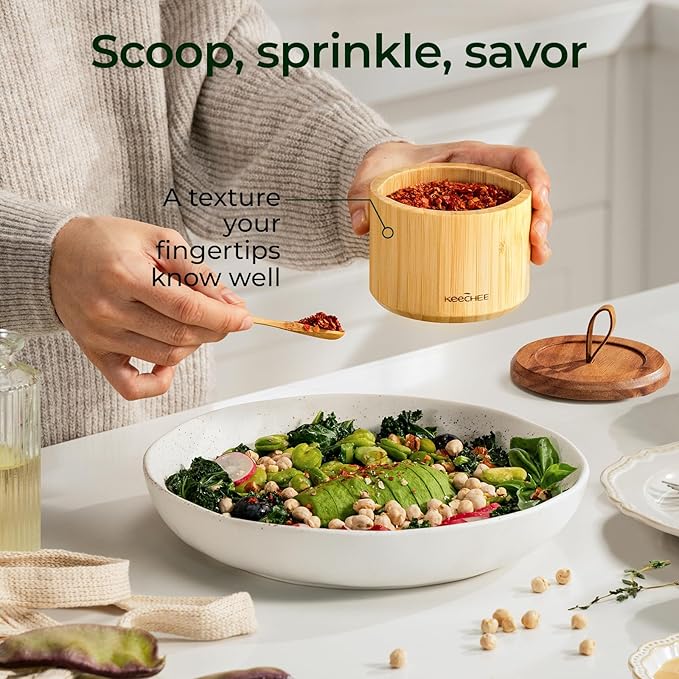 keechee Bamboo Salt Cellar with Acacia Lid & Spoon, 7.7oz Capacity with Built-In Spoon Slot & Labels, Two-Tone Countertop Seasoning Container (Single Compartment - 1 Pack)