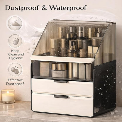 Large 3-Tier Makeup Organizer with Drawers and Lipstick Holder, Dustproof Waterproof Skincare Storage Box for Bathroom Countertop, Vanity Cosmetic Organizer,Clear Black/White