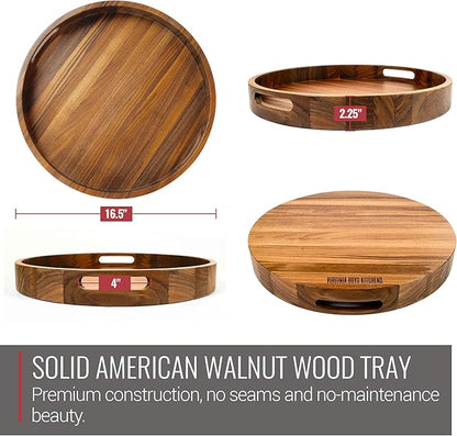 Virginia Boys Kitchens Round Serving Tray – 16.5 Inch Walnut Wood Platter with Handles - Perfect for Serving or Centerpiece Display on Ottoman and Coffee Table