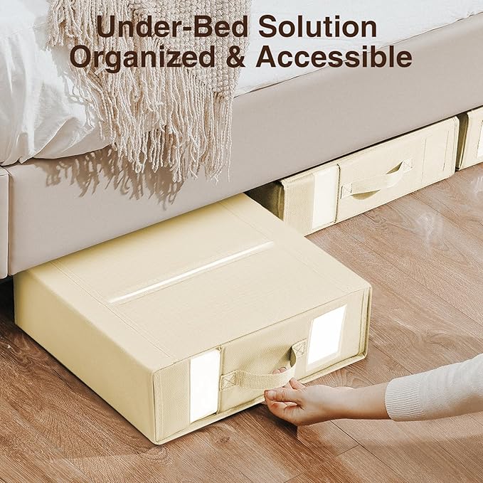 DIMJ Bed Sheet Organizers and Storage 6 Pack - Foldable Sheet Holder for Linen Bedding Storage Box for organization, Sheets Set Holder for Blanke, Towel (King & Queen Size), Beige