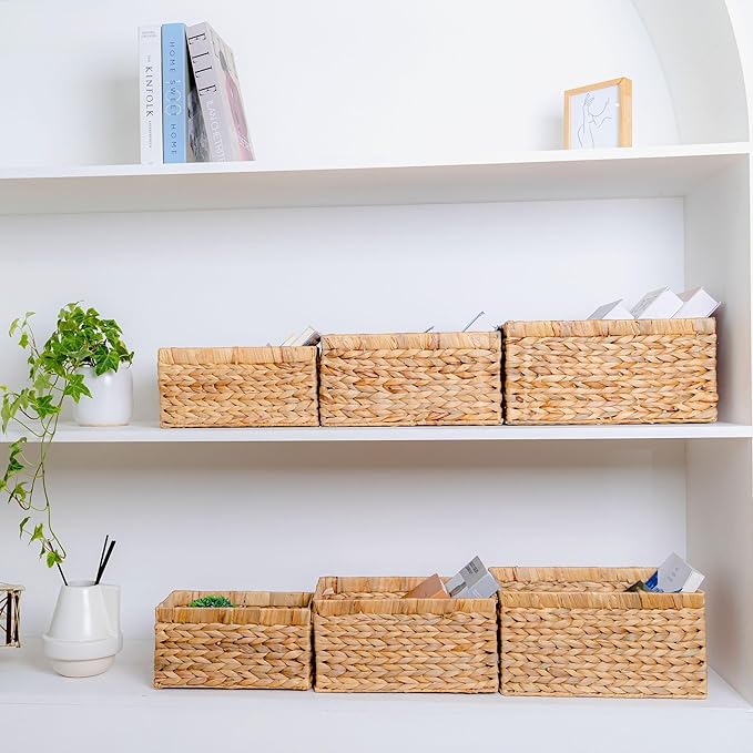 M4DECOR Set of 6 Water Hyacinth Storage Baskets – Wicker Storage Baskets for Shelves, Pantry Baskets for Organizing, Handwoven Wicker Baskets for Storage (Combo 2 Sets SML)