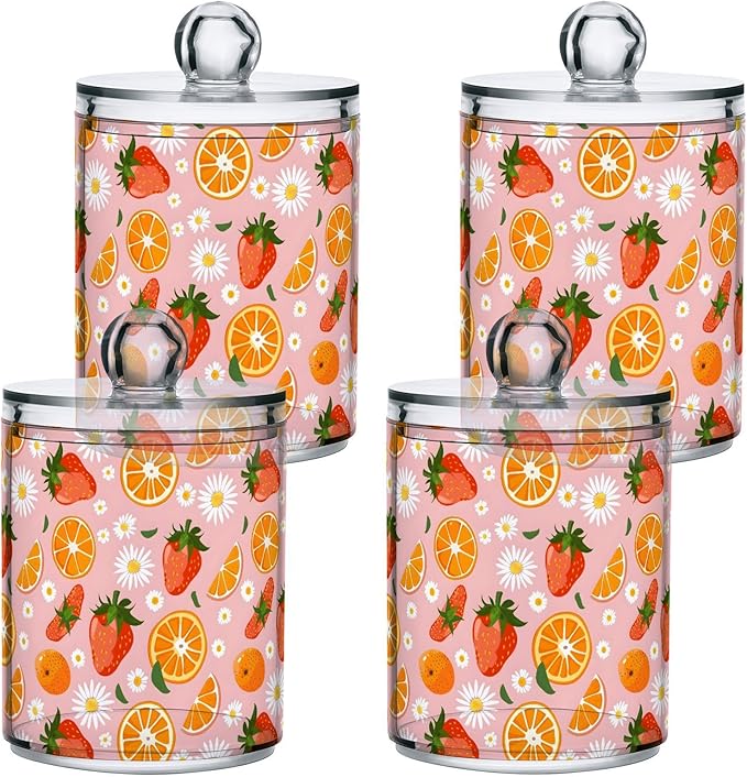 ALAZA 2pcs Strawberry Orange Fruit Daisy Flower Qtip Holder Dispenser 14 oz Bathroom Storage Clear Apothecary Jars Containers Cotton Ball,Cotton Rounds,Floss Picks, Hair Clips, Food