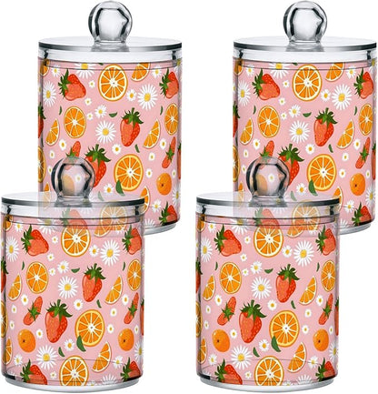 ALAZA 2pcs Strawberry Orange Fruit Daisy Flower Qtip Holder Dispenser 14 oz Bathroom Storage Clear Apothecary Jars Containers Cotton Ball,Cotton Rounds,Floss Picks, Hair Clips, Food