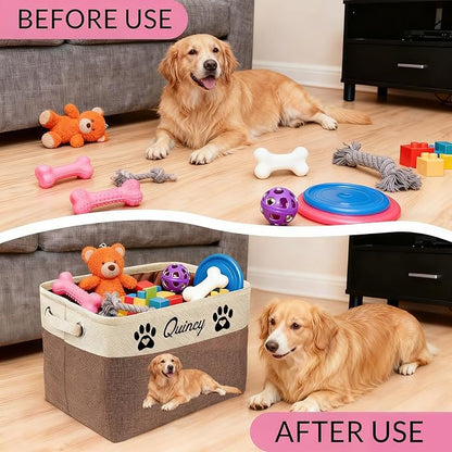 Personalized Dog Cat Toy Storage Basket with Pet's Name Custom Foldable Storage Box with Handles for Blankets Pet Stuff, Toys, Clothes
