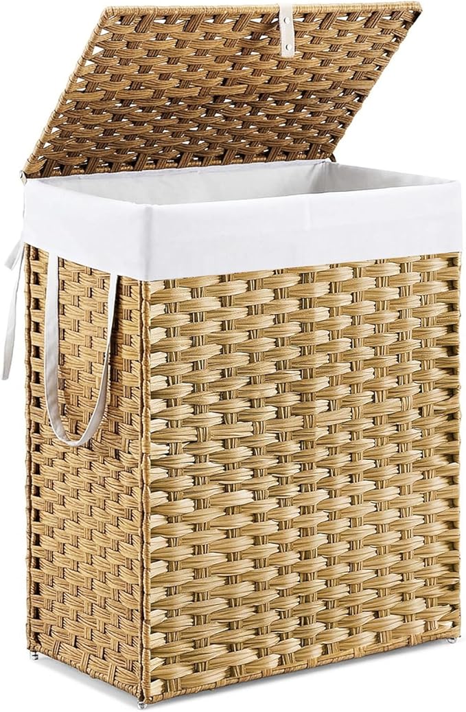 DUMOS Woven Laundry Basket with Lid, 90L Large Capacity Hamper, Removable & Machine-Washable Liner, Foldable Rattan Clothes Hamper, Sturdy Steel Frame, Odor Control, Goose Yellow