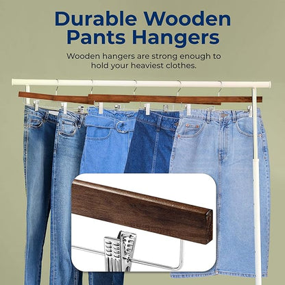 SereneLife 10 Pack Skirt and Pant Hanger with Adjustable Non-Slip Steel Clips, Premium Wooden, 360° Swivel Hook & 10 lb Capacity – Space-Saving Heavy-Duty Hangers for Jeans, Shorts & Slacks (Brown)
