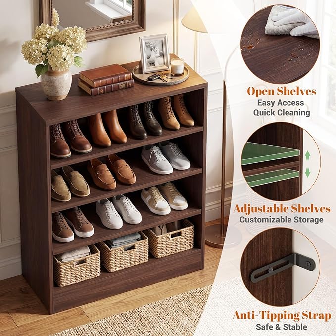 Homieasy Shoe Cabinet, 5-Tier Modern Wood Shoe Storage Organizer with 3 Adjustable Shelves for Entryway, Multi-Purpose Display Shelf & Storage Cabinet for Living Room, Bedroom, Dark Walnut
